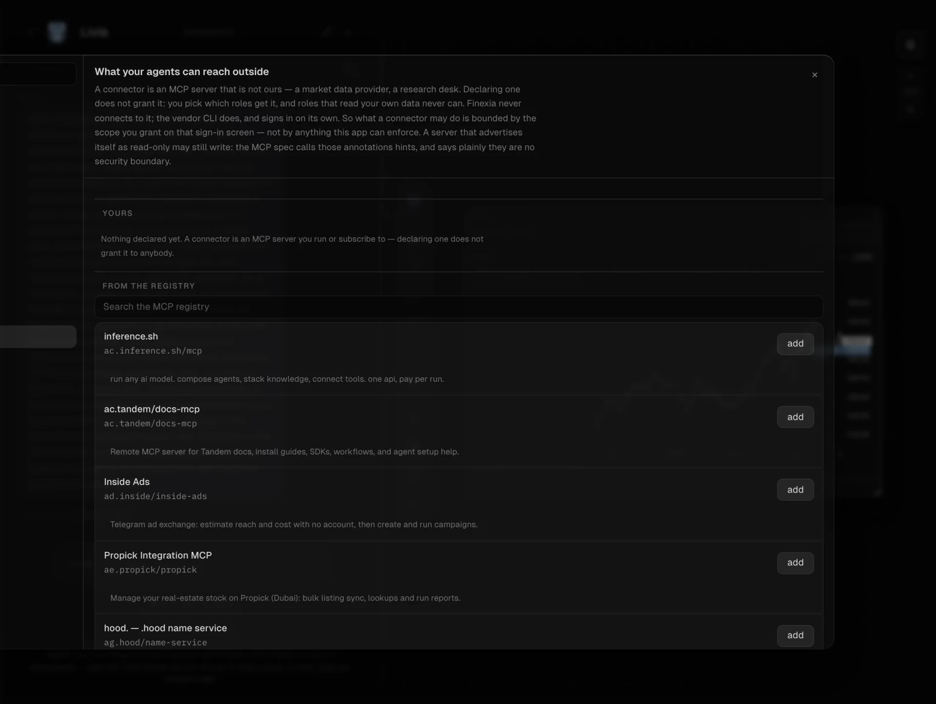 The Finexia connectors screen, where an outside MCP server is declared and granted to roles.