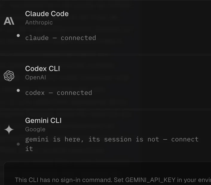 The Finexia provider list, read from this machine’s PATH: two agent CLIs ready, and one whose session is not connected and therefore cannot be picked.